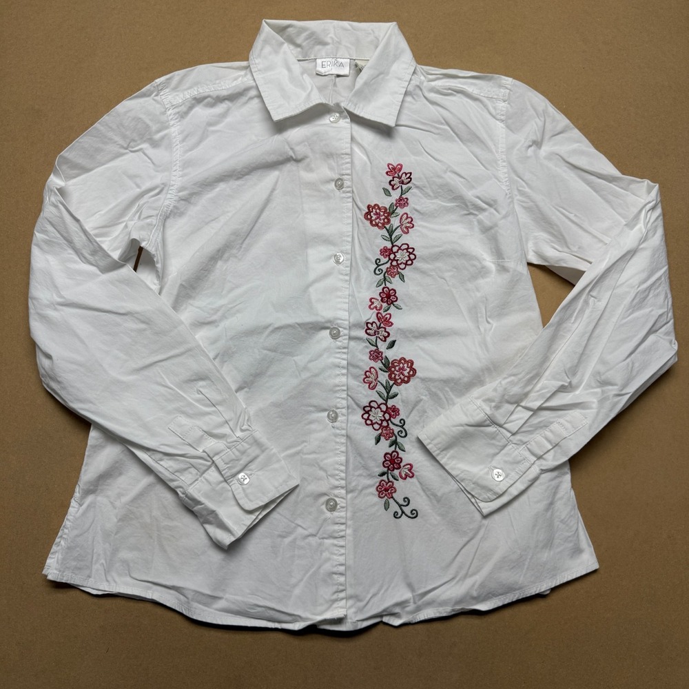 Floral Embroidered White Button Up Erika Shirt Women Small Cotton Stretch Boho